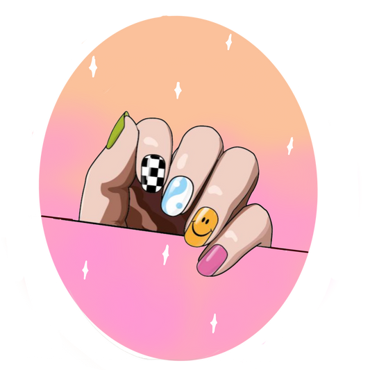 Ongle en gel stickers semi durci Aglaé nail qui durci sous une lampe uv/led , le design est coloré avec un emoji sourire, un damier, un ying yang bleu Ongle en gel stickers, semi cured gel nail, gel nails stickers, hailey Biebers nail, nail trend 2023, nails on fleek, manicure, manucure, uñas de gel, unhas de gel, nail art, Aglaé nail